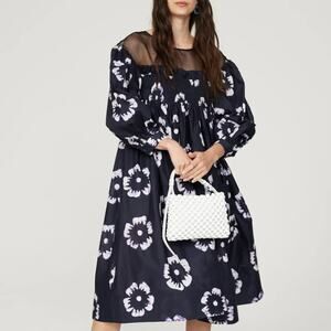 Busayo Blue Organza Babydoll Dress MEDIUM Cottage Oversized Batik Floral $480